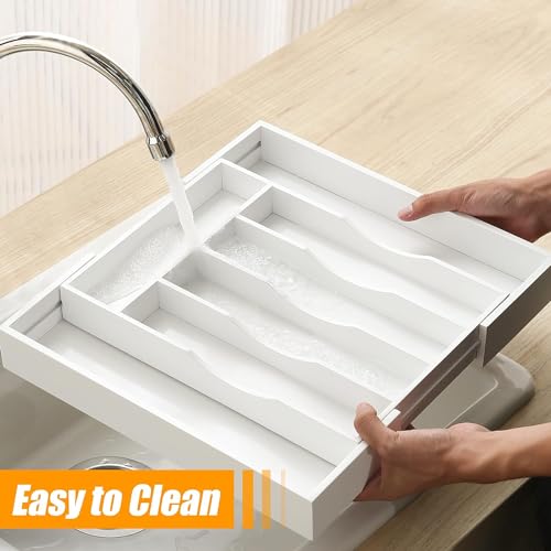 Kitchen Silverware Drawer Organizer and Storage Utensilios De Cocina Modernos Soporte Para Cucharas Trastes De Cocina Organizadores Platos Para Gabinetes Cajones Decoración Organizador Para Utensilios - color: White, size: 7 Slots Expandable-2PC