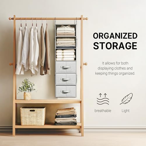 Vailando 6-Shelf Hanging Closet Organizer with 3 Drawers, Closet Hanging Shelves with Removable Fabric Drawers for Wardrobe, Nursery & Dorm Storage, Silver Gray - color: Silver Gray, size: 6-Shelf Inseparable