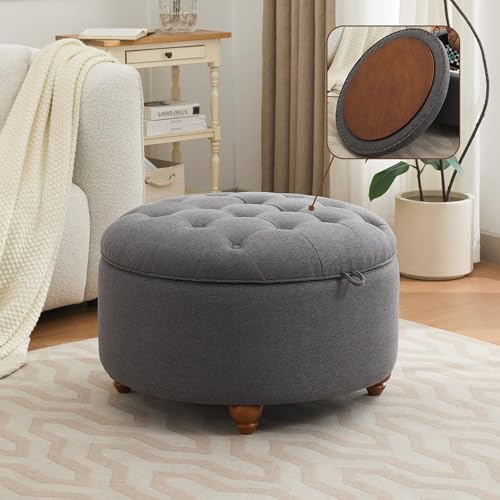 WUTUTUEE 30Inch Round Storage Ottoman with Tray, Modern Tufted Fabric Circle Coffee Table with Storage, Upholstered Ottoman with Removable Top for Living Room, Bedroom, Dark Grey - color: Dark Grey, size: 30 Inch