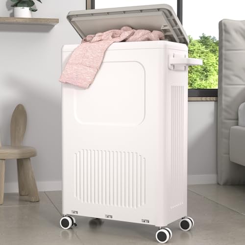 HAIXIN HOME Slim Laundry Hamper with Lid, 50L Plastic Tall Laundry Basket with Wheels, Compact Size for Narrow Space, Rolling Laundry Cart with Handle for Easy Transport to Laundry Room - color: Milky, size: 50L - 1 Pack