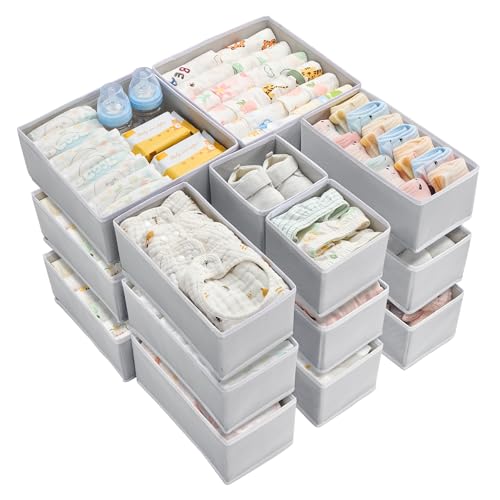 Vtopmart 18 Pack Baby Clothes Organizer, Dresser Drawer Organizer for Baby Clothing, Foldable Fabric Closet Drawer Storage Bins, Dresser Dividers for Bra, Socks, Ties, Scarf - color: Grey