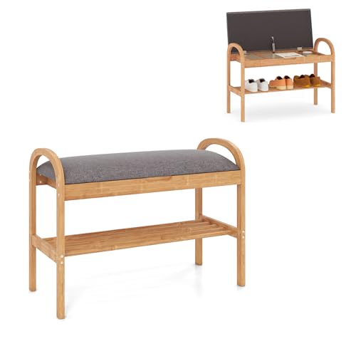 Giantex Shoe Bench with Flip-Top Storage, Bamboo 2-Tier Entryway Bench with Padded Cushion, Shoe Rack Bench for Hallway, Closet, Foyer, Living Room, Bedroom, Mudroom (with Flip-Top Storage) - size: 12.5"D x 27.5"W x 20"H（With Flip-Top Storage）