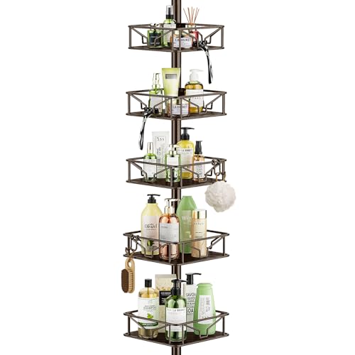 Skycarper 5 Tier Adjustable Corner Shower Caddy Organizer with Hooks,Rustproof Tension Pole 62-116 Inch,Bronze - color: Bronze