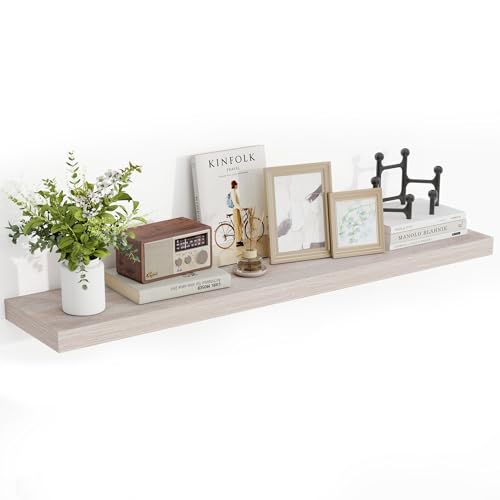 Acovy 48 Inch Floating Shelves, 3D Textured Wood Grain, 48"x9.25"x1.5" Inch Deep Floating Shelves for Wall, Wooden Shelves for Bathroom, Bedroom, Living Room, Washed White, 1 Piece - color: Washed White, size: 48"x9.25"-1pc