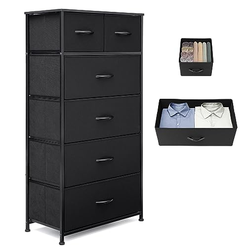 Fabric Dresser for Bedroom, Tall Skinny Dresser with 6 Drawers, Storage Organizer Tower, Steel Frame Wooden Top for Closet, Living Room, Hallway, Nursery(Black) - color: Black