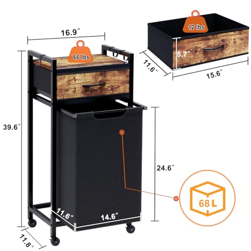 Timberer Laundry Hamper, Laundry Sorter, Rolling Laundry Basket with Drawer, 18 Gal (68 L), Pull-Out and Removable Oxford Fabric Bags, Black and Rustic Brown - color: Black + Rustic Brown, size: 1 Bags (16.9"L x 11.8"W x 39.6"H)