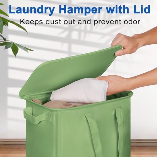 Vincona Slim Laundry Hamper with Lid and Wheels, Small Rolling Laundry Basket with Handle for Small Spaces, Tall Dirty Clothes Hampers for Dorm, Bathroom and Bedroom, 55L, Soga Green - color: Sage Green, size: 55L