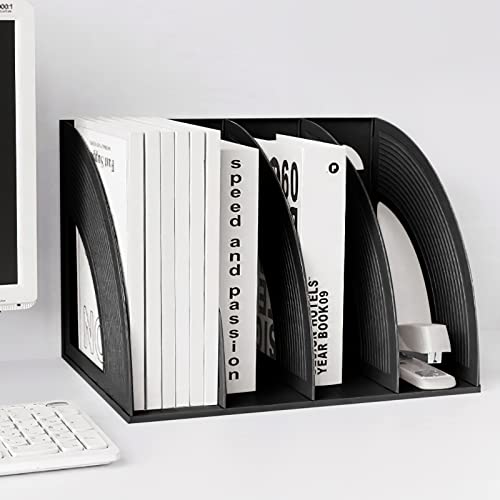 SAYEEC Sturdy Magazine Holder 4 Compartments Plastic Desktop File Organizer File Dividers Office Organizer Storage Document Magaizne Rack Display Box (Black) - color: Black-4 Sections