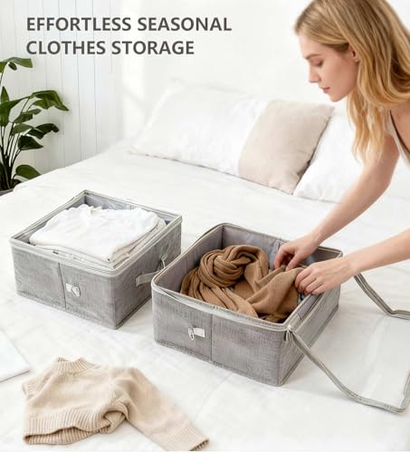 Livelab Fabric Storage Bins for Shelves with Clear Lid, 2-Pack Stackable Closet Organizer Basket with Handles, Foldable Storage Cubes Boxes for Organizing for Clothes, Towels, Books | Gray