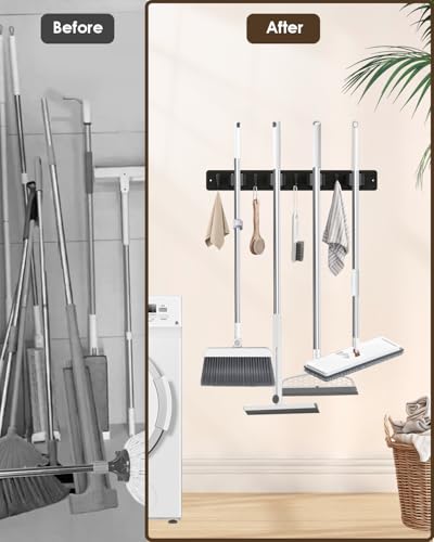 AceMining Broom Holder Wall Mounted, Black 4 Holders and 4 Hooks Mop Holder, Wooden Mop and Broom Holder with Anti slip rubber, Natural pine wood Brush Holder, Mop Wall Holde with Nail installation - color: Black, size: 1 Pack