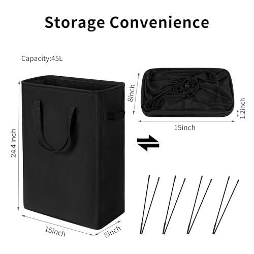 ZERO JET LAG Slim Laundry Hamper With Handles Collapsible Laundry Basket Thin Dirty Clothes Basket Narrow Laundry Bag Foldable Dirty Clothes Hamper 45L (24 inches,Black) - color: Black- With Handles