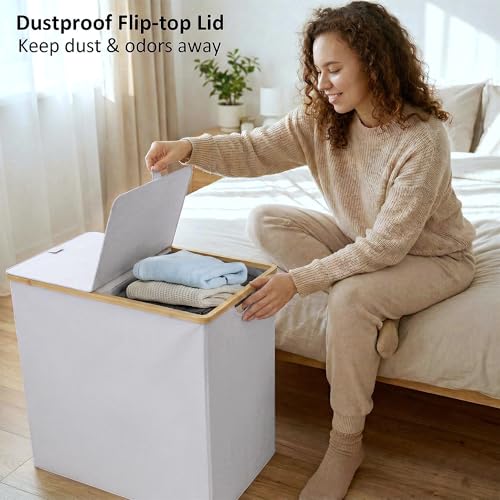 efluky Laundry Hamper with Lid, Double Laundry Hamper with 2 Removable Bags, 2 Section Laundry Basket with Bamboo Handles for Bathroom, Bedroom & Laundry Room, 140L (36.9 Gallon) Light Grey - color: Light Grey, size: 140L Dual