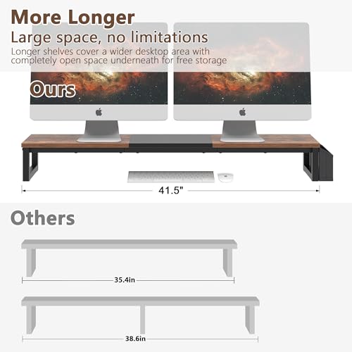 LAND·VOI Dual Monitor Stand Riser,41.5'' Long Monitor Stand for 2 Monitors, Wood Computer Riser with Pocket, Desktop Oraganizer with Pen Holder, Monitor Riser for Desk Computer,Laptop,TV, Rustic Brown - color: Rustic Brown, size: Single-Type