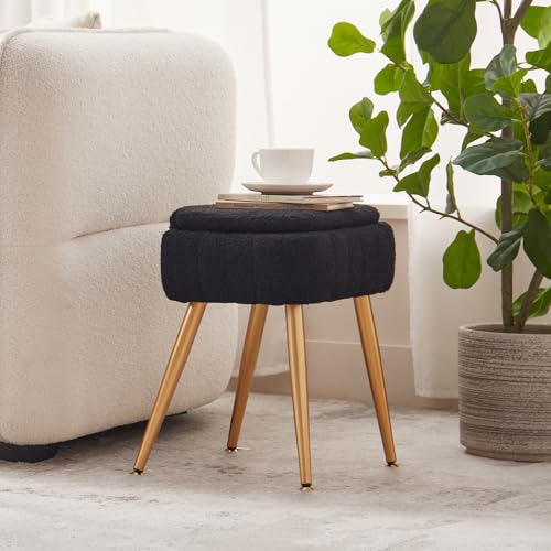 Updated Vanity Chair, Storage Ottoman with Folding Back & Gold-Toned Metal Legs, Ottoman Seat with Teddy Velvet for Dressing Room Living Room Bedroom, 15" x 12" Inch - color: Black, size: 15" x 12"