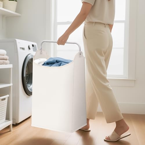 STORAGE MANIAC Large Laundry Hamper with Sturdy Metal Handle, Collapsible Laundry Basket, Freestanding Waterproof Clothes Hamper for Laundry Room, Bedroom, Dorm, Towels, Toys, White - color: White, size: 1 Pack