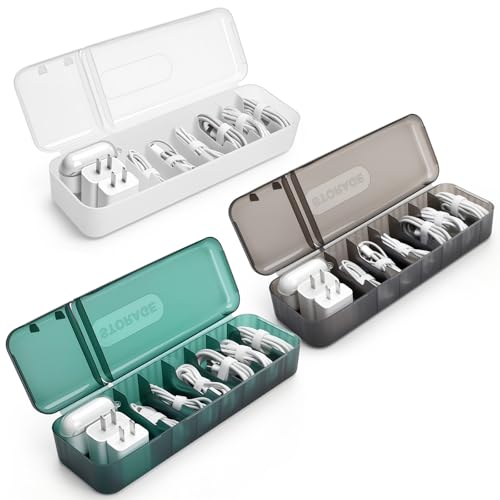 Charger Cable Cord Storage Organizer Box - 3 Pack With Lid - Easy Storage Without Cable Ties-Stackable Cord Organizer for Drawer
