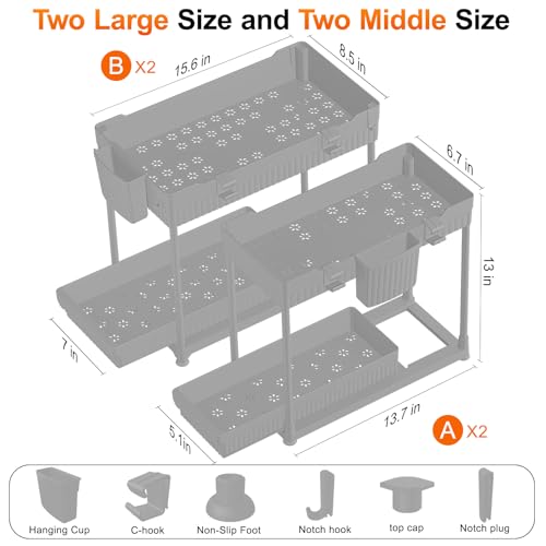 Sevenblue Under Sink Organizer, Bathroom Organizers and Storage, 2 Tier Multi-Use Pull Out Cabinet Organizer with Hang Hooks and Cups (Gray, 4 Pack) - color: Gray, size: 12.8 Inch