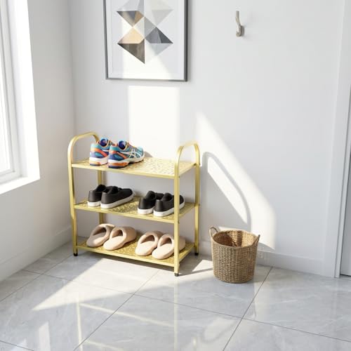 3 Tier Metal Shoe Rack Organizer Vertical Design Entryway Storage Cabinet for Entrance or Kitchen Small and Narrow Free Standing Gold