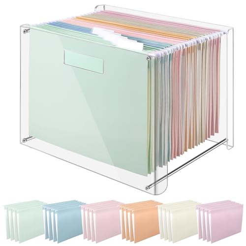 Dispowreath 24 Hanging File Folder with Acrylic Organizer for Letter/a4 Size Desktop Clear File Storage Box with Handles for Home Work Office Use(Colorful,Classic) - color: Colorful, style: Classic
