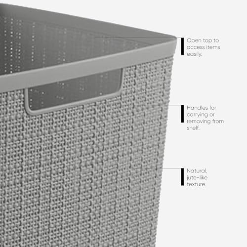 Curver Set of 6 Medium 12L Jute Decorative Plastic Organization and Storage Baskets - Perfect Bins for Home Office, Closet Shelves, Kitchen Pantry and All Bedroom Essentials, Grey - color: Grey, size: Medium 12L