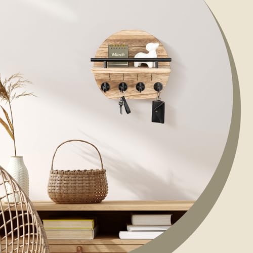 Nekon Key Holder for Wall - 9.8 Inch Apartment Wall Decor with Shelf and 8 Key Hooks, Circular Wood Key Hanger for Home Decor (Wood) - color: Wood