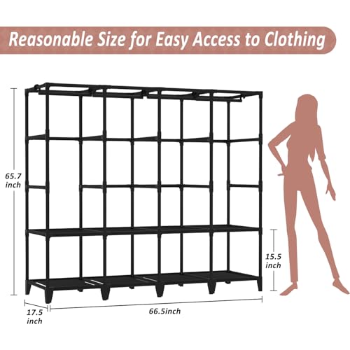 Wardrobe Closet, Quick and Easy Assembly, Black Large Capacity Portable Closet with 4 Hanging Rods 8 Storage Shelves and 8 Side Pockets, Clothes Rack with Cover, for Bedroom and Living Room - color: Black, size: 66 Inch