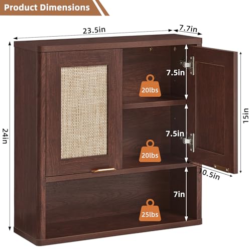 LEYAOYAO Rattan Bathroom Wall Cabinet, Boho Medicine Cabinet with Adjustable Shelf & Doors, Over The Toilet Storage Cabinets Organizer for Laundry Room, Kitchen, Living Room, Walnut - color: Walnut, size: 7.7"D×23.5"W×24"H