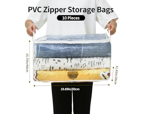 10 PCS Clear Zippered Storage Bags with Handle, Sweater Storage with Zipper, Foldable Closet Organizer Bed Sheet Organizer, Cube Plastic Organizer, Bag, Bin for Clothes,Towel-20 * 16 * 12 - color: White, size: 19.69 x 15.75 x 11.81 inches