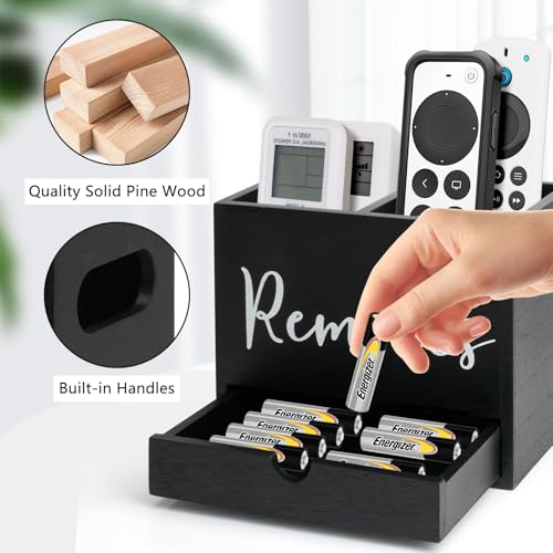 Remote Control Holder, 2 Slot TV Remote Holder& Desk Organizer with Drawers, Remote Organizer Caddy for Table, Wooden Remote Box for Nightstand,Media Storage Box for Living Room, Bed (Black) - color: Black-2 Slot