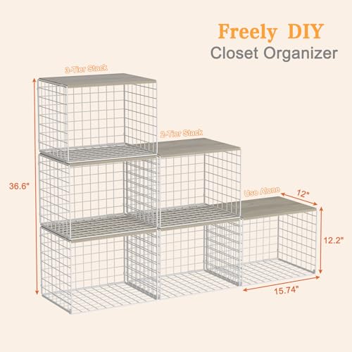 Extra-Long Closet Organizers and Storage with Top Board, 3 Pack Stackable Closet Shelf Organizer, Double Storage Design, Clothes Storage Cube/Bin/Basket for Wardrobe, Space-Saving, White,Sturdy,Metal - color: WHITE, size: 15.74"（L）*12"（W）*12.2"（H）