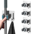 homeasy Mop Broom Holder No Drill, Mop Broom Organizer Wall Mounted Heavy Duty with Hooks Hanger, Self Adhesive Stainless Steel 4Pcs for Bathroom, Kitchen, Office (Silver) - color: Silver