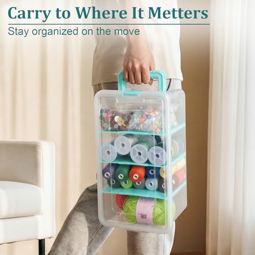 BTSKY Clear Plastic Dividing Storage Box with 4 Deep Compartments Adjustable Storage Bin with Lid Portable Craft Storage Container Multipurpose Sewing Box Art Supply Organizer, 13.9x7.9x6.2 Inches - size: 13.9x7.9x6.2 Inches-Clear