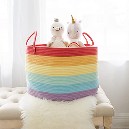 OrganiHaus Rainbow Blanket Basket for Classroom & Nursery, Extra Large Woven Laundry Basket w/Handles, Kids Toy Organizer & Storage, Soft Round Dog Toy Storage Bin, Cute Bin - 20"x13" in - color: Rainbow, size: Wide