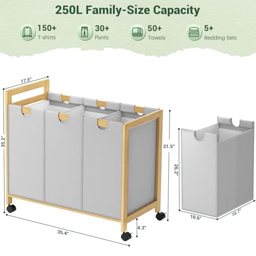 Homykic 250L Laundry Sorter Cart with Wheels, 3-Section Rolling Laundry Basket with Removable Bags, 66 Gal Large Laundry Hamper Organizer, Heavy Duty Bamboo Frame, Water-Resistant, Grey - color: Grey