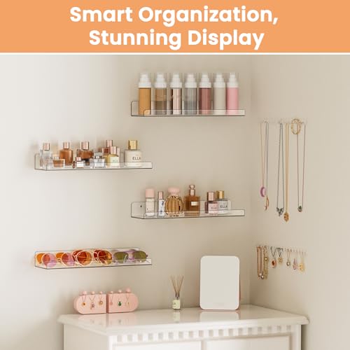 upsimples Acrylic Shelves for Bathroom Storage, 15" Floating Shelves Wall Organizer for Perfume, Make up, Skincare, Kids Bookshelf for Bedroom, Nursery, Living Room Decor, Clear, 4 Pack - color: Clear