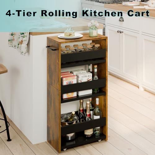 MARTY Rolling Storage Cart 7.9" W, 4-Tier Narrow Kitchen Cart with Wheels Handle, Slim Storage Mobile Shelving Utility Carts for Bathroom Laundry Room Organization Small Spaces(Rustic Brown) - color: Brown+black, size: 7.9"D x 15.75"W x 31.5"H