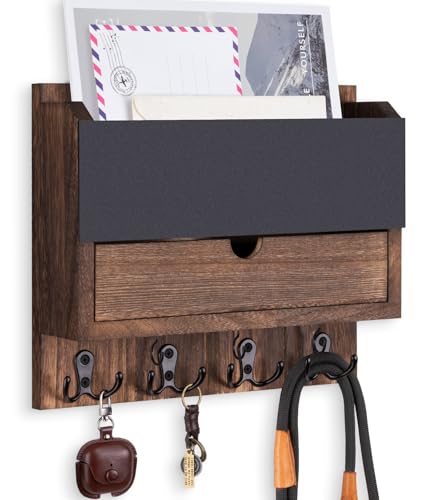 Mail and Key Holder Wall Mount with Storage Drawer – Modern Wooden Mail Organizer for Wall Entryway, 7 Key Hooks & Chalkboard Panel – Stylish Home Decor for Apartments, Living Room, Office - color: Brown