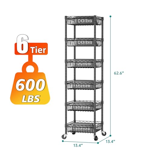 SINGAYE 6 Tier Shelf Wire Rack Shelving with Wheels Metal Storage Shelves Adjustable Closet Bathroom Organizers Baskets Pantry Kitchen Garage Laundry Room 13.5" D x 13.5" W x 63" H Black - color: Black, size: 6-Tier[13.5"Dx13.5"Wx63"H]