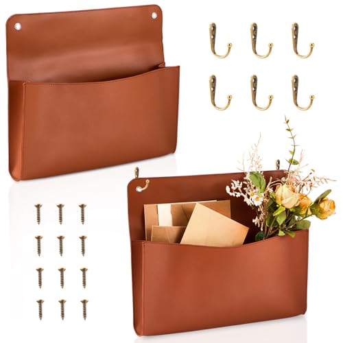 Marspark 2 Set PU Leather Mail Holder Wall Mount 12.2x10.24 Inch Leather Letter Holder 2 Ring Binder Hanging Wall File Organizer Mail Sorter for Decor Storage Letter Postcard Flower Home Office(Brown)