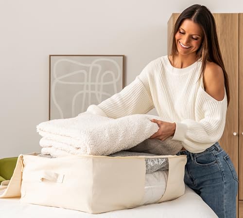Soft Canvas Storage Bags with Zipper. Thick Breathable, 2pc King/Queen Comforter Organizer. Four Carrying Handles and Window. Large 25x19x9in Bag for Sheets Blankets Bedding Pillows, Clothes - color: Beige, size: 2 Pack