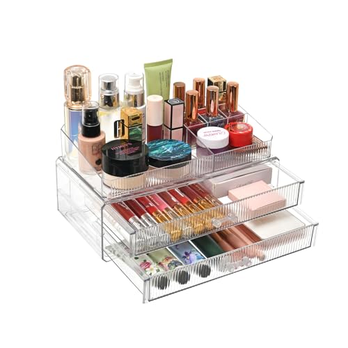 ZHIAI stackable storage drawers, acrylic storage rack, cosmetics and beauty products organizer, suitable for makeup room, bathroom, pantry, home bedroom storage - color: 2 long drawers