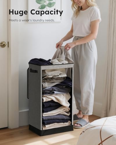 SOLEDI Slim Laundry Hamper with Lid, Narrow Laundry Basket with Removable Bags, Dirty Clothes Hamper with handle, Small Hamper perfect for Laundry room, Bathroom, Bedroom, Small spaces. 70L Grey - color: Grey, size: 70L