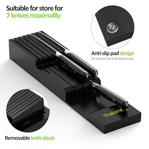 Bamboo Kitchen Drawer Organizer, Expandable Silverware Organizer with Removable Knife Block, 6-8 Slots- Utensil Holder & Cutlery Tray Drawer Dividers, 2.36" Deep for Extra Capacity, Black - color: Black