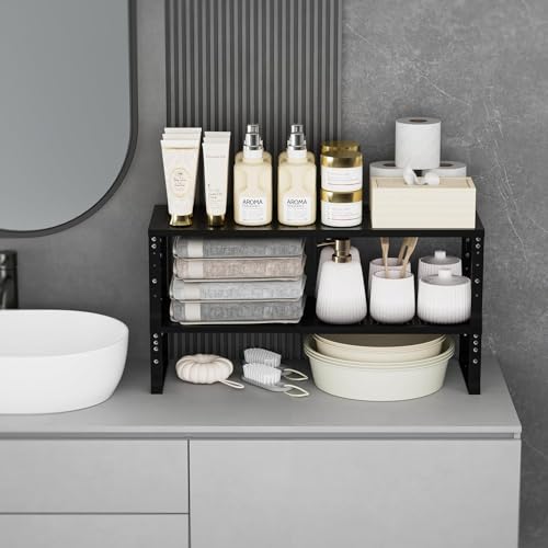 Jojocross Expandable Cabinet Shelf Organizer Storage Spice Rack Shelves for Kitchen Stackable Adjustable Pantry Cupboard Bathroom Countertop Desktop(1Pack/Black/Large-with Hole) - color: 1 Pack/Black With Hole, size: LARGE:10.1"D x 16.6~26.5"W x 6.1"/7.5"