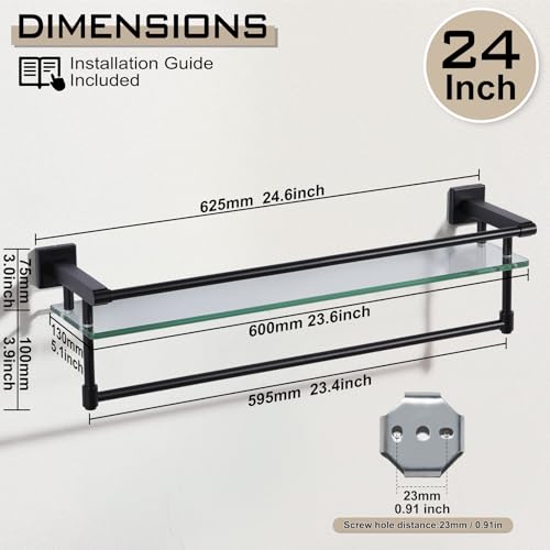 Glass Shelves for Bathroom with Towel Bar/Rack 24" Tempered Glass Shelves with Stainless Steel Towel Holder for Wall Shelf Sink Over Toilet (Matte Black) - color: Matte Black, size: 24-inch with Railing