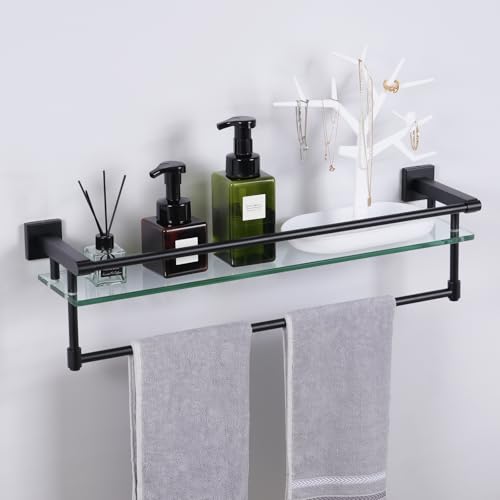 Glass Shelves for Bathroom with Towel Bar/Rack 24" Tempered Glass Shelves with Stainless Steel Towel Holder for Wall Shelf Sink Over Toilet (Matte Black) - color: Matte Black, size: 24-inch with Railing