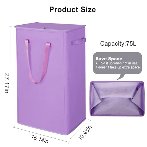 Odonata 75L Slim Laundry Hamper with Lid,Large Foldable Laundry Basket with Removable Bag and Handles Tall Collapsible Dirty Clothes Basket Great for Bedroom, Bathroom, Dorm, College,RV.(Purple, 75L) - color: Purple