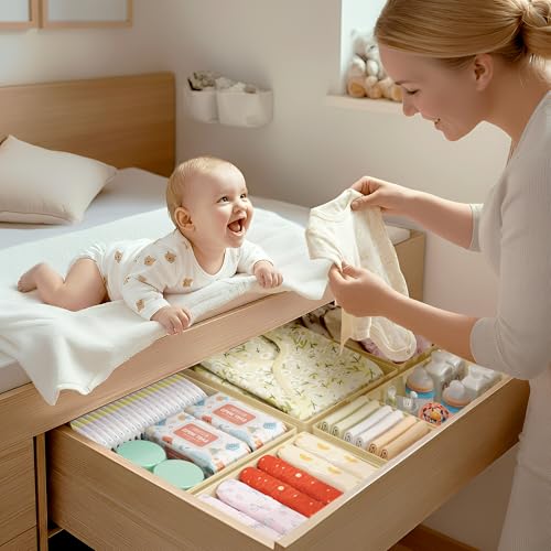 DIMJ Drawer Organizer Clothes - 18 Pack Closet Drawer Organizer Bins for Baby Clothes Storage, Fabric Dresser Organizer for Nursery Bedroom, Foldable Small Drawer Dividers for Underwear Socks - color: Beige, size: 18 Pack