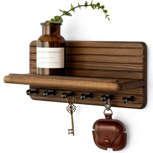 Rebee Vision Farmhouse Key Holder Wall Mount for Home Decor – Decorative Pine Wooden Key Holder for Wall with 6 Hooks & Floating Shelf - Rustic Charm for Room Decor Aesthetic (Brown) - color: Brown, size: Medium-11inch