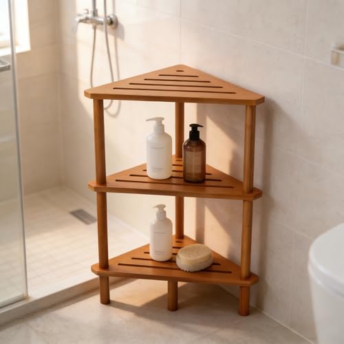 Yoshiky 3-Tier Free Standing Corner Shower Caddy, Bamboo Wood Bathroom Shower Shelf Table for Inside Shower Organizer & Storage Foot Rest Shower Stool
